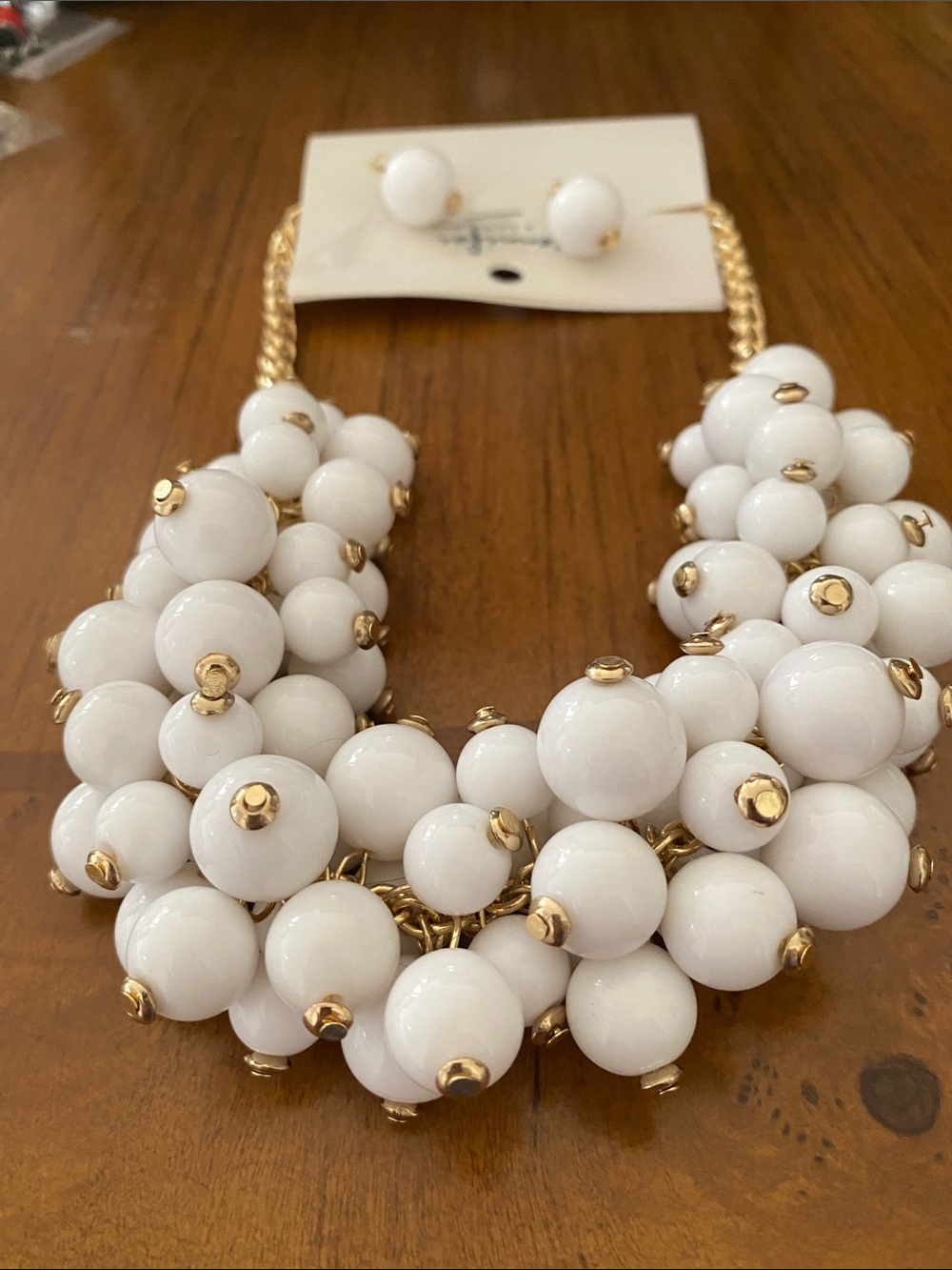 White Cluster Bead Statement Necklace with Gold Accents